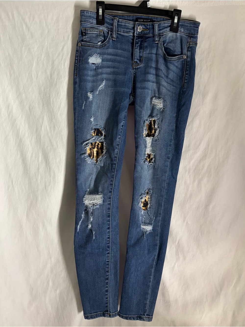 Judy Blue Blue Distressed Skinny Jeans with Leopard Patch